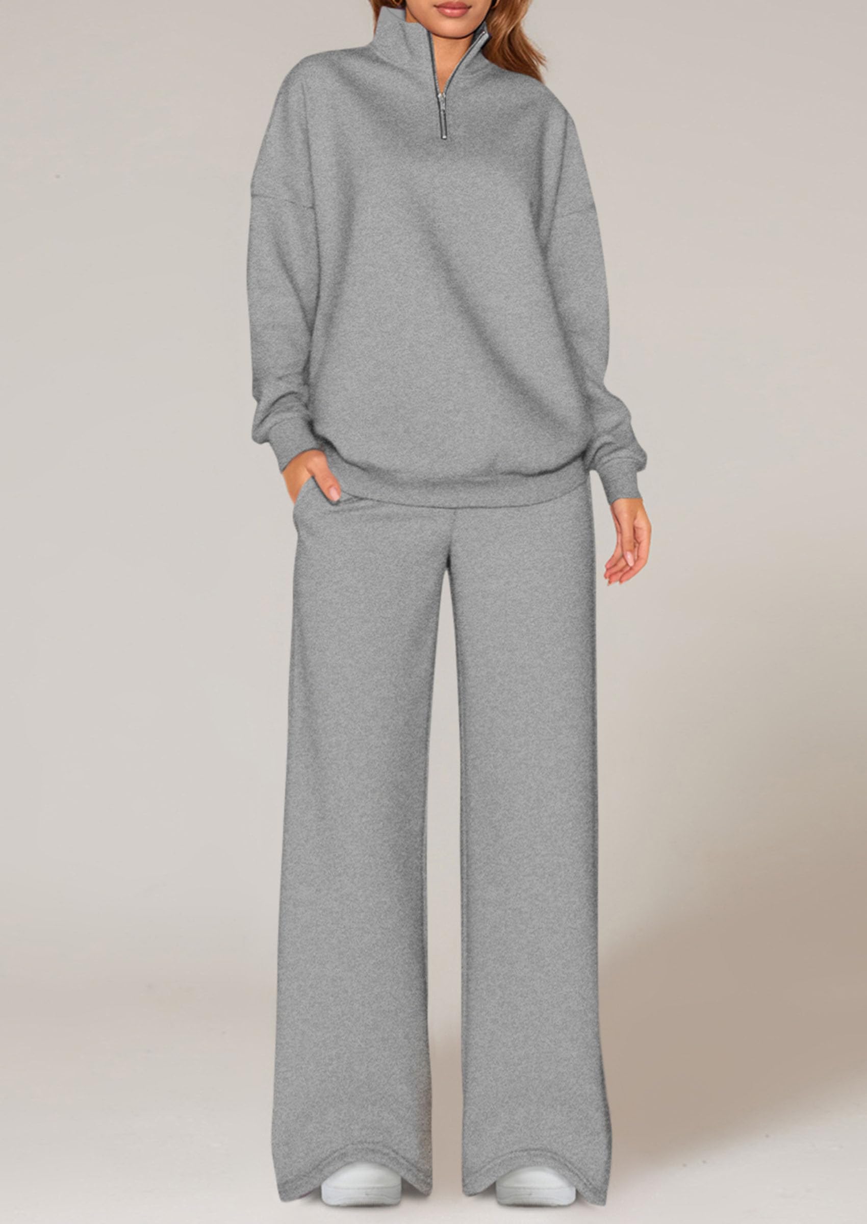 PRETTYGARDEN Womens Casual Two Piece Sets Fall Outfits Quarter Zip Sweatshirts Straight Leg Pants Sweatsuits Tracksuit