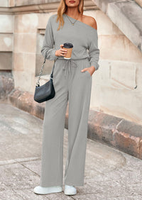 PRETTYGARDEN Long Sleeve Jumpsuit For Women Dressy Off Shoulder One Piece Loose Wide Leg Jumpsuits Casual Flowy Romper
