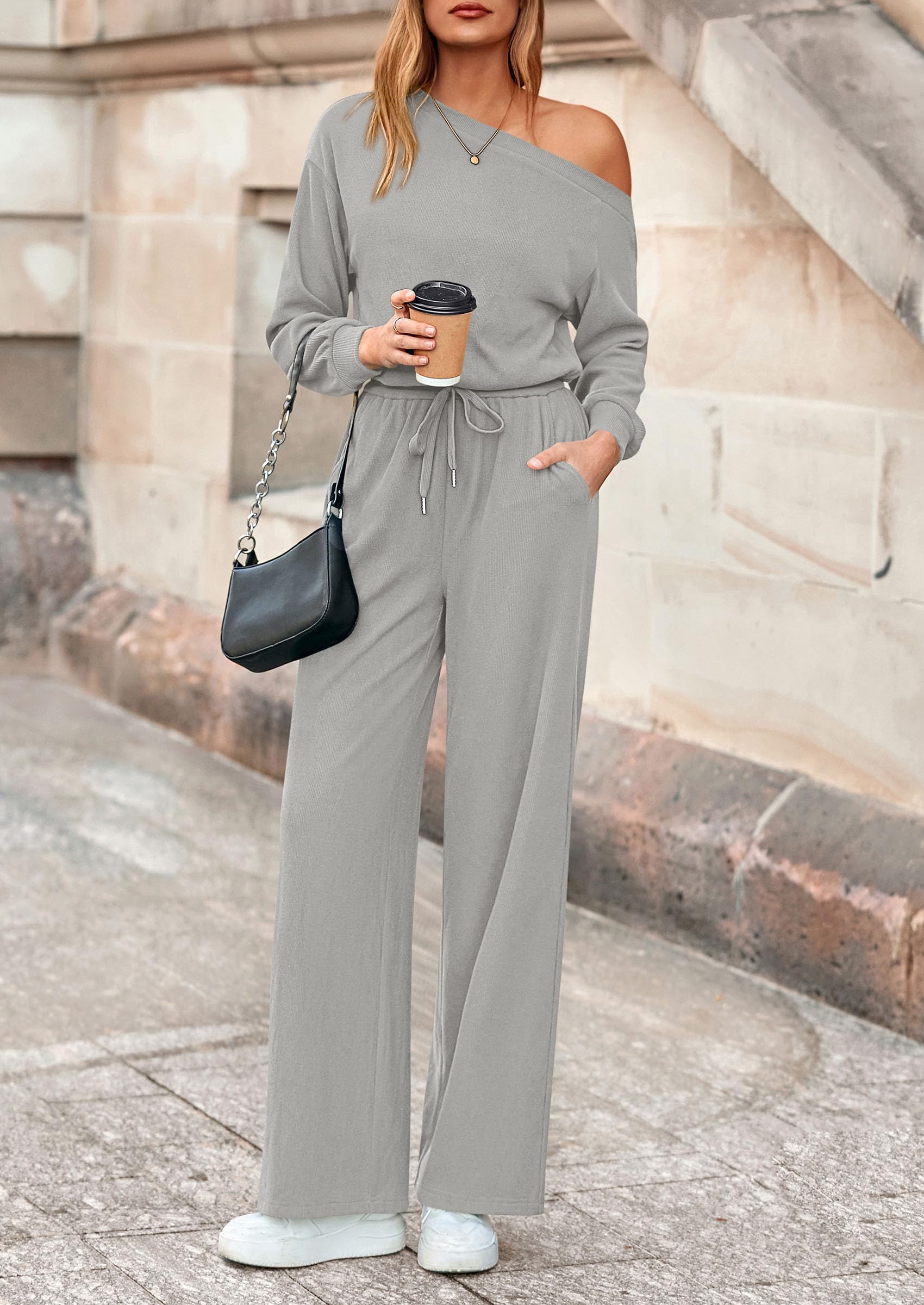 PRETTYGARDEN Long Sleeve Jumpsuit For Women Dressy Off Shoulder One Piece Loose Wide Leg Jumpsuits Casual Flowy Romper