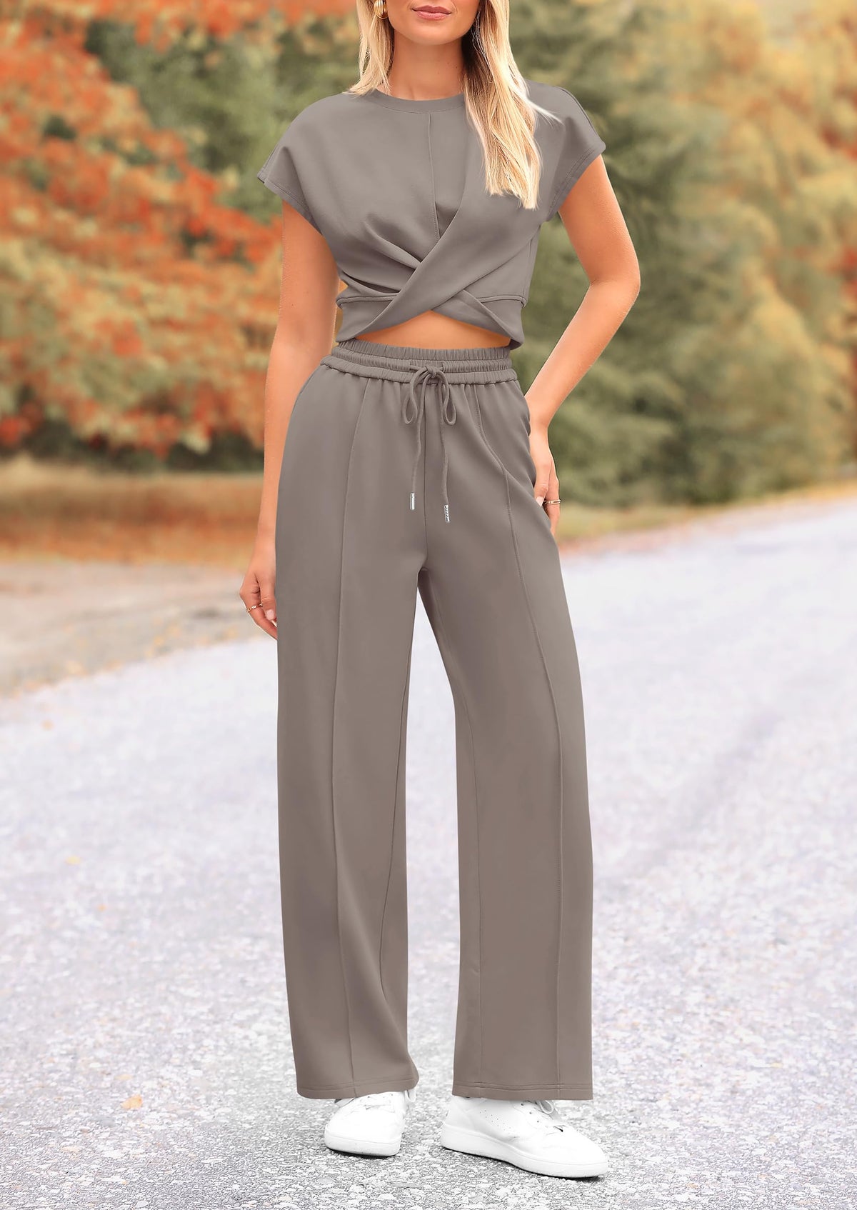 Twist Front Crop T-Shirts Wide Leg Pants Two Piece Sets