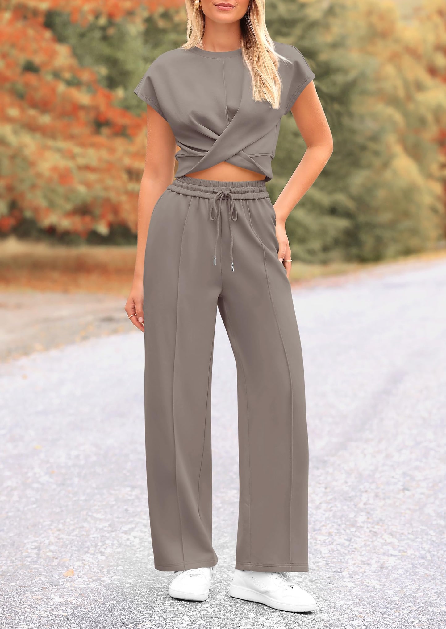 Summer Two Piece Outfits Tracksuit Twist Front Crop Tops T Shirts Wide Leg Pants Matching Lounge Sets