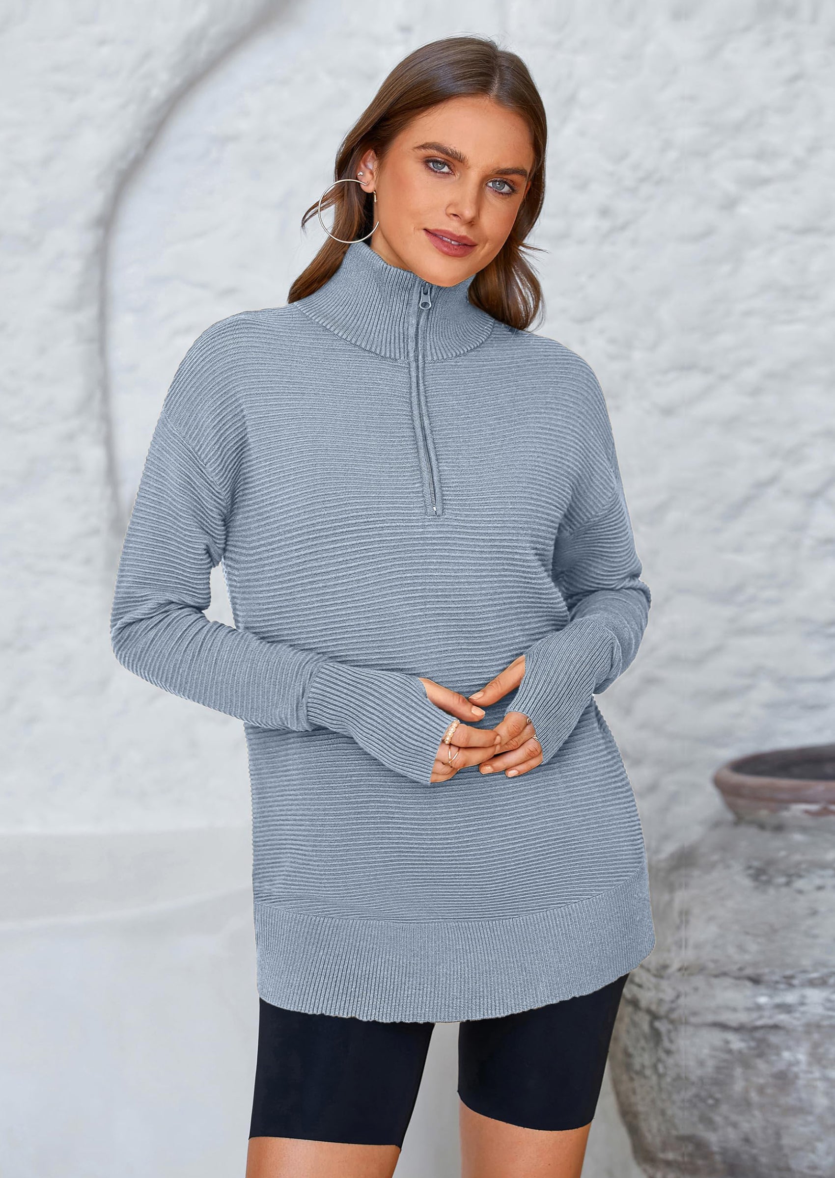 PRETTYGARDEN Womens Long Sleeve Quarter Zip Pullover Sweater Casual Loose V Neck Collared Ribbed Knit Jumper Tops Thumb Hole