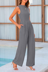 Sleeveless Mock Neck Wide Leg Jumpsuits With Pockets