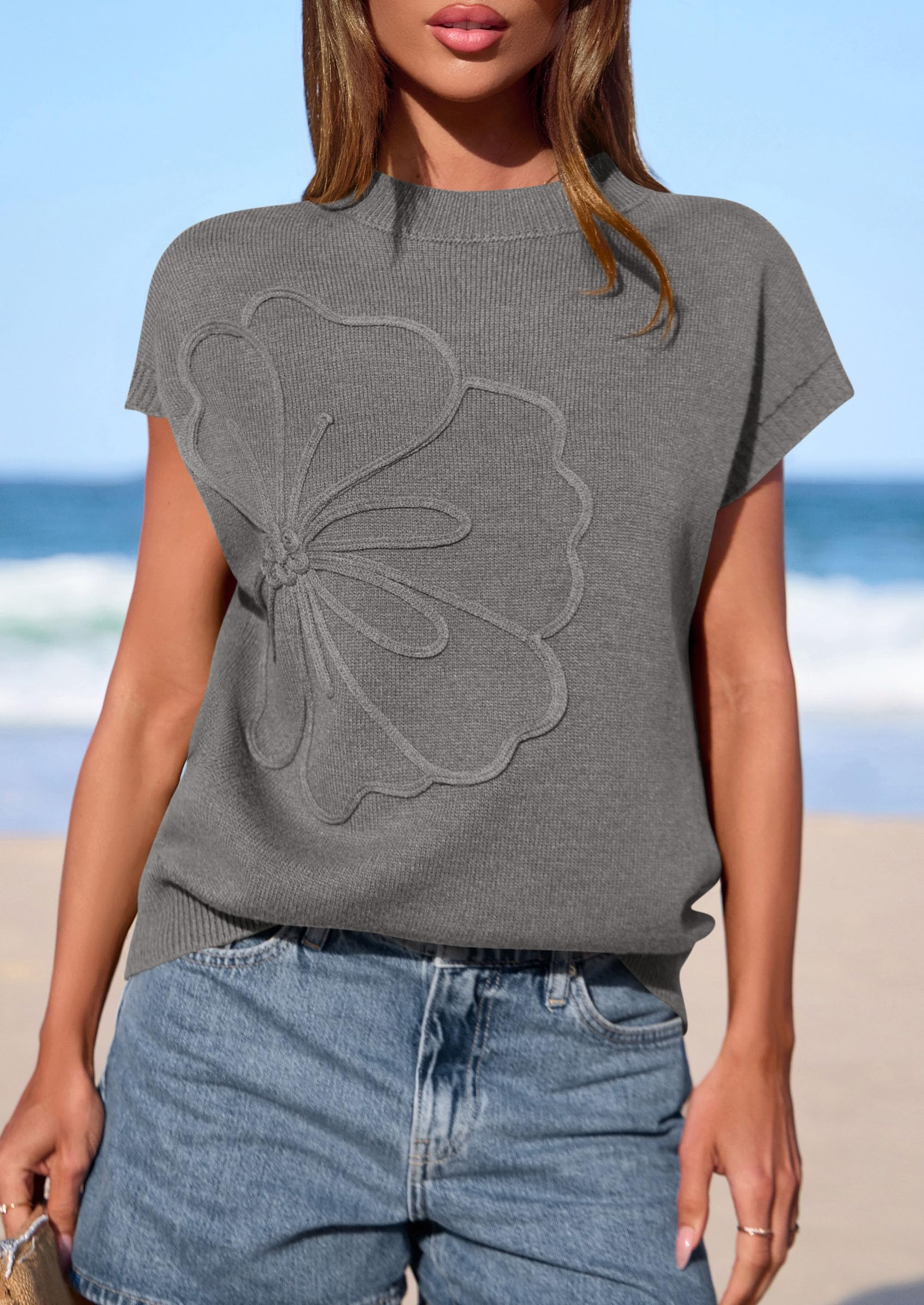 PRETTYGARDEN Women's Spring Sweater Vest Trendy Flower Knit Short Sleeve Cute Pullover Tank Tops Summer Fashion Clothing PRETTYGARDEN