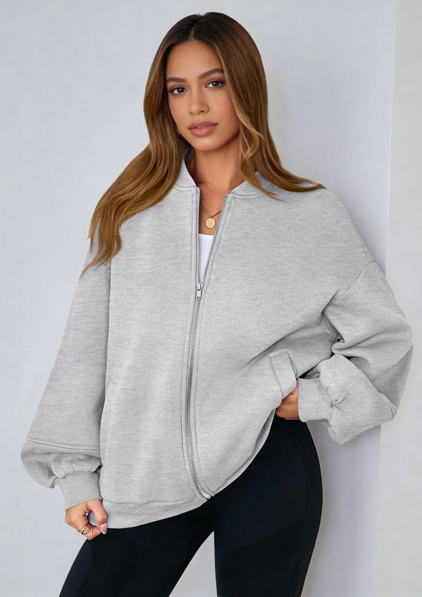 KIRUNDO Oversized Sweatshirt for Women Zip Up Bomber Jacket Fall Fashion Casual Long Sleeve Outerwear Winter Outfits
