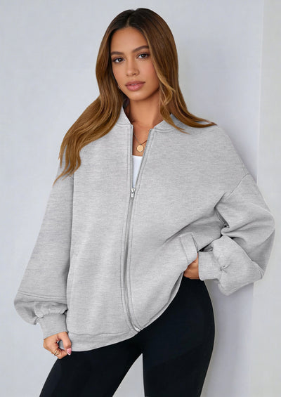 KIRUNDO Oversized Sweatshirt for Women Zip Up Bomber Jacket Fall Fashion Casual Long Sleeve Outerwear Winter Outfits