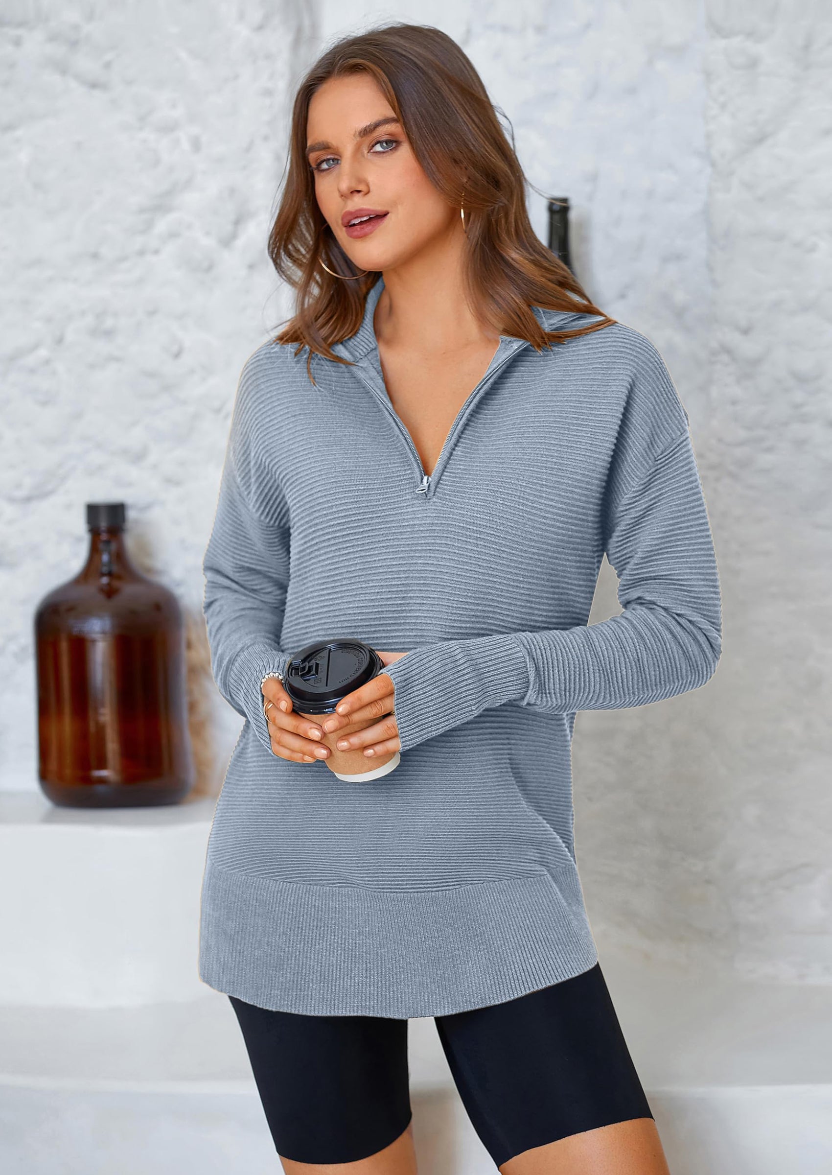 PRETTYGARDEN Womens Long Sleeve Quarter Zip Pullover Sweater Casual Loose V Neck Collared Ribbed Knit Jumper Tops Thumb Hole