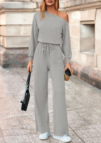 PRETTYGARDEN Long Sleeve Jumpsuit For Women Dressy Off Shoulder One Piece Loose Wide Leg Jumpsuits Casual Flowy Romper