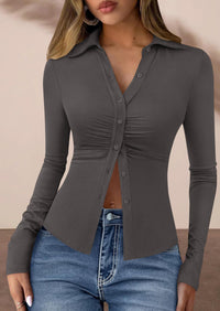 PRETTYGARDEN Womens Button Down Shirts V Neck Collared Ruched Slim Fit Long Sleeve Shirt Casual Fall Fashion Ladies Tops PRETTYGARDEN