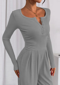 PRETTYGARDEN Jumpsuits for Women Dressy Casual Fall One Piece Outfits Long Sleeve Crew Neck Wide Leg Pants Rompers