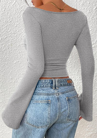 PRETTYGARDEN Women's Long Sleeve Shirts Fall Going Out Tops Casual Boat Neck Bell Sleeve Ribbed Ruched Y2K Clothes