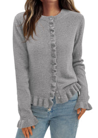 PRETTYGARDEN Womens Fall Button Down Cardigans Chunky Knit Ruffle Open Front Cropped Cardigan Sweaters Soft Long Sleeve Tops