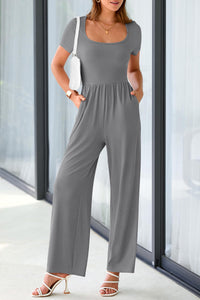 Summer One Piece Jumpsuits Dressy Casual Short Sleeve Square Neck Wide Leg Jumpsuit Rompers