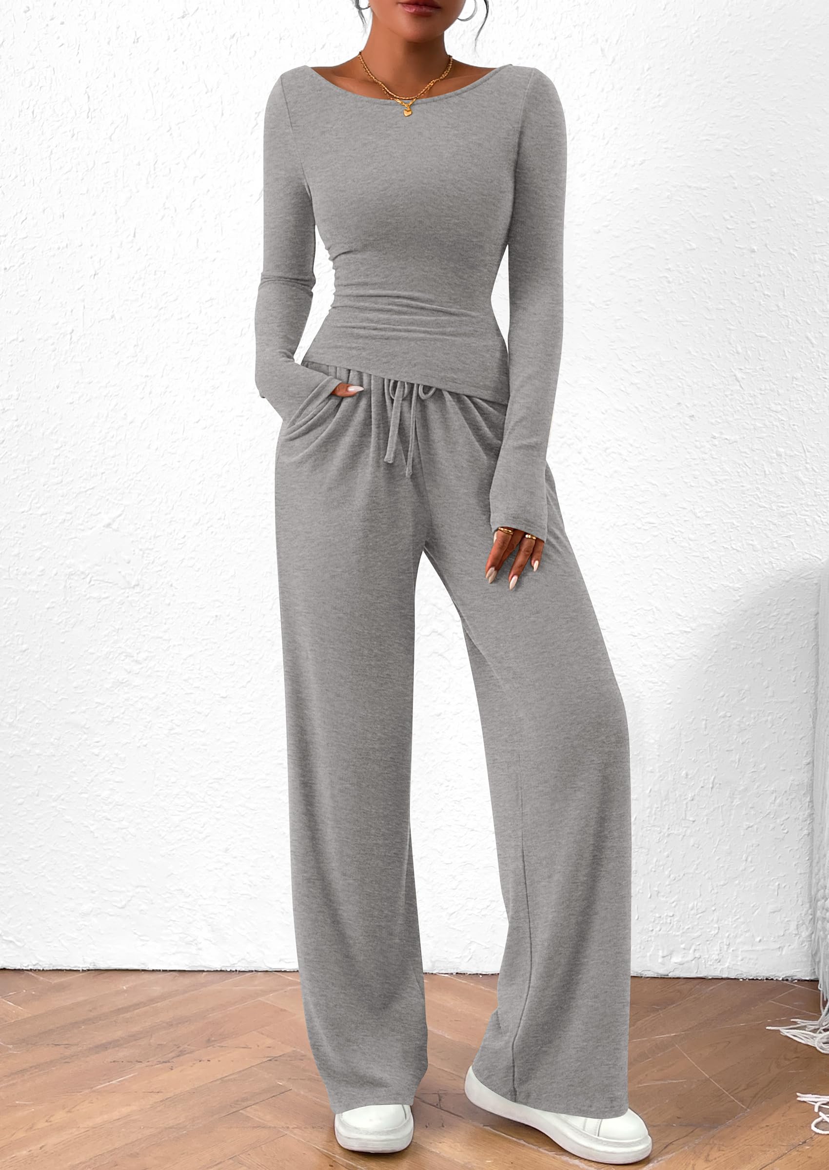 PRETTYGARDEN Women's 2 Piece Lounge Sets Asymmetrical Long Sleeve T Shirt Wide Leg Pants Casual Outfits Tracksuit