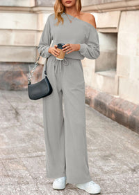 PRETTYGARDEN Long Sleeve Jumpsuit For Women Dressy Off Shoulder One Piece Loose Wide Leg Jumpsuits Casual Flowy Romper