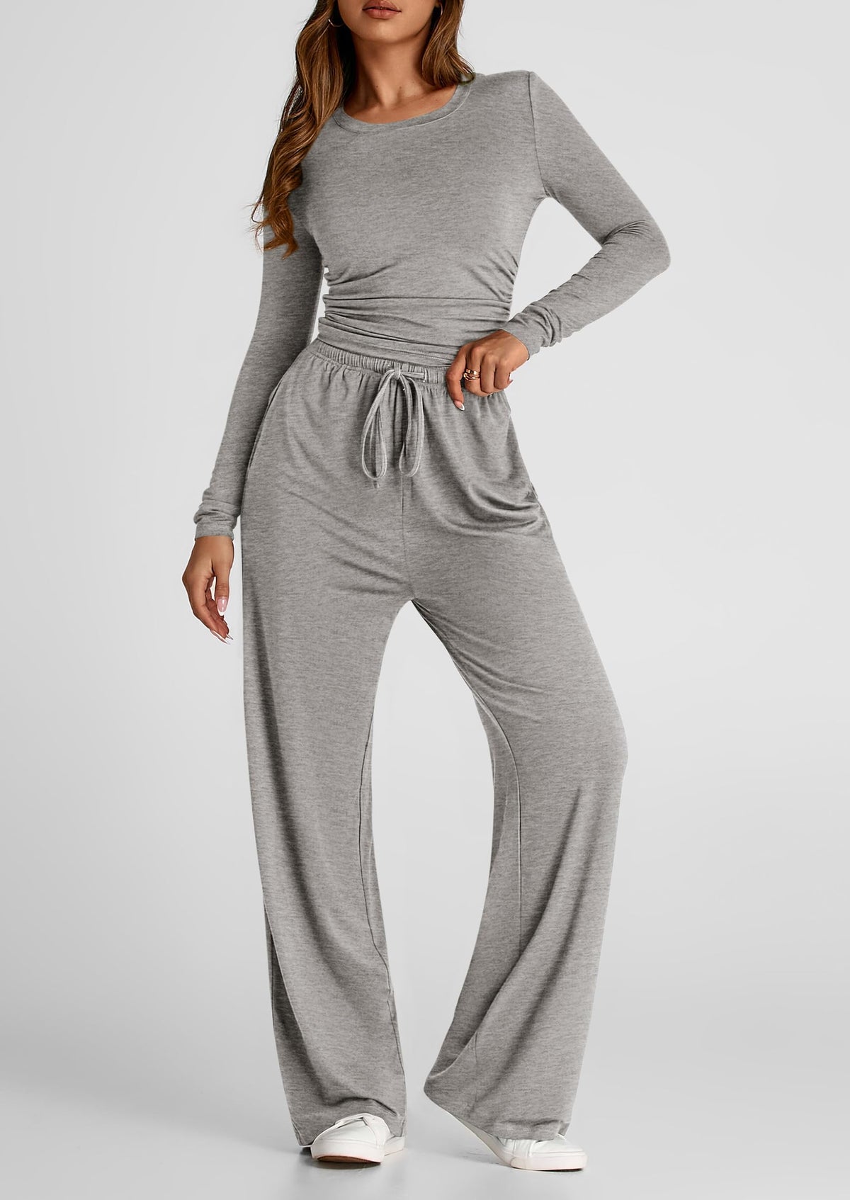 Fall Two Piece Outfits Track Suits Long Sleeve Crop Tops Tee Shirts Wide Leg Pants Matching Lounge Sets