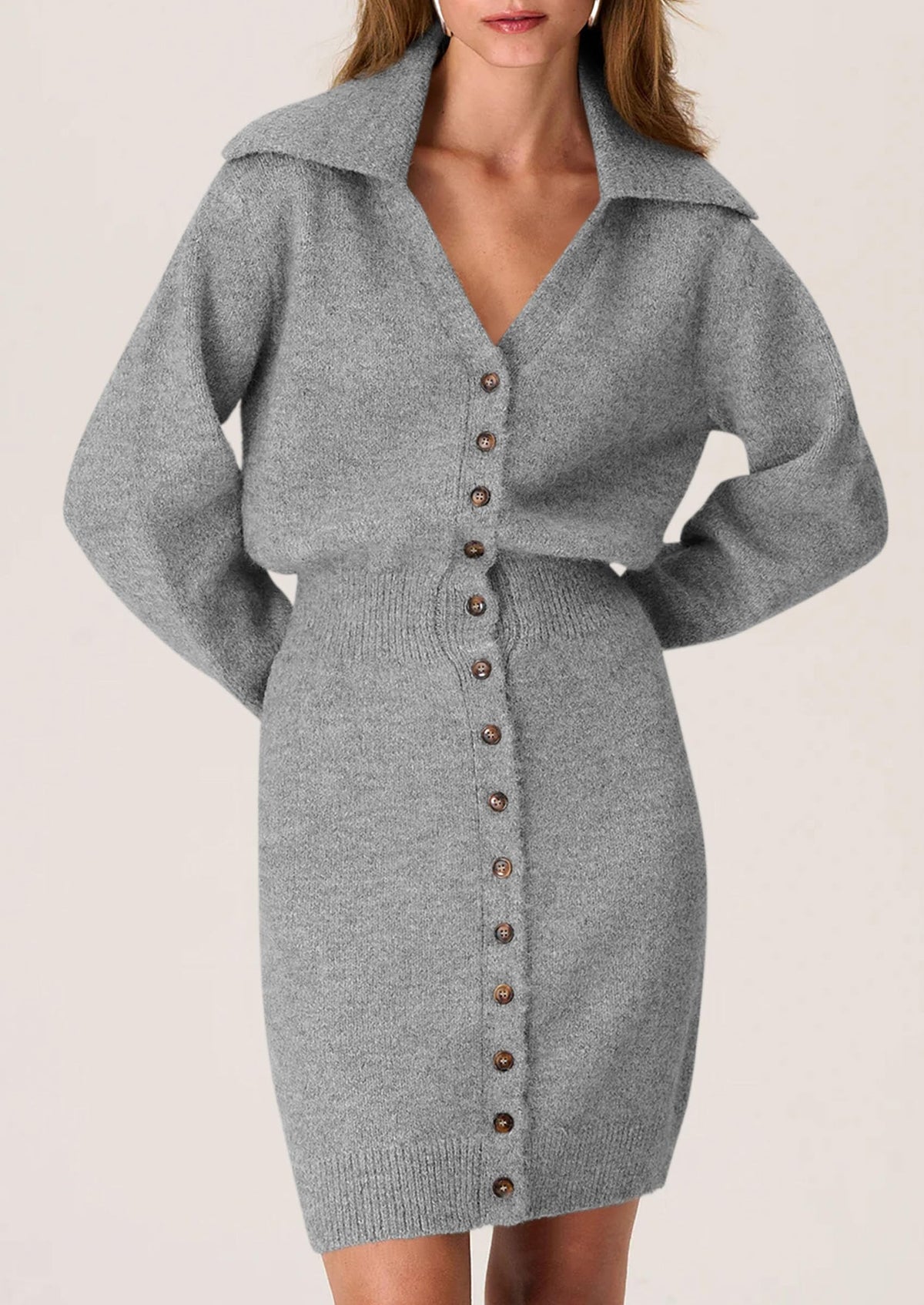 Womens Fall Sweater Dress Long Sleeve V Neck Button Down Knit Pullover Winter Dresses