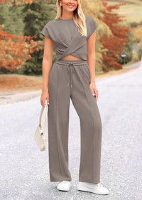 Twist Front Crop T-Shirts Wide Leg Pants Two Piece Sets