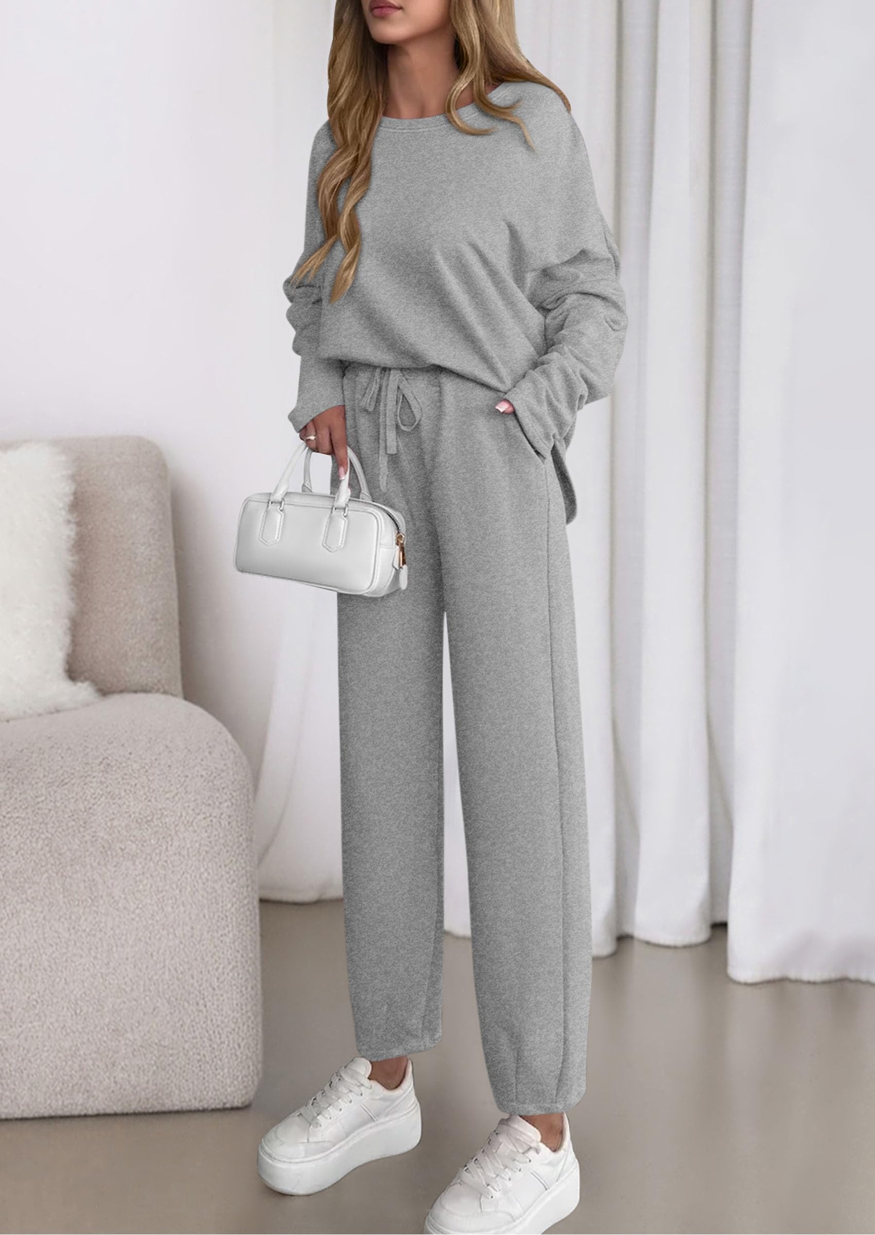 PRETTYGARDEN Womens 2 Piece Matching Lounge Sets Fall Long Sleeve Boatneck Sweatsuit Drawstring Sweatpants Pockets