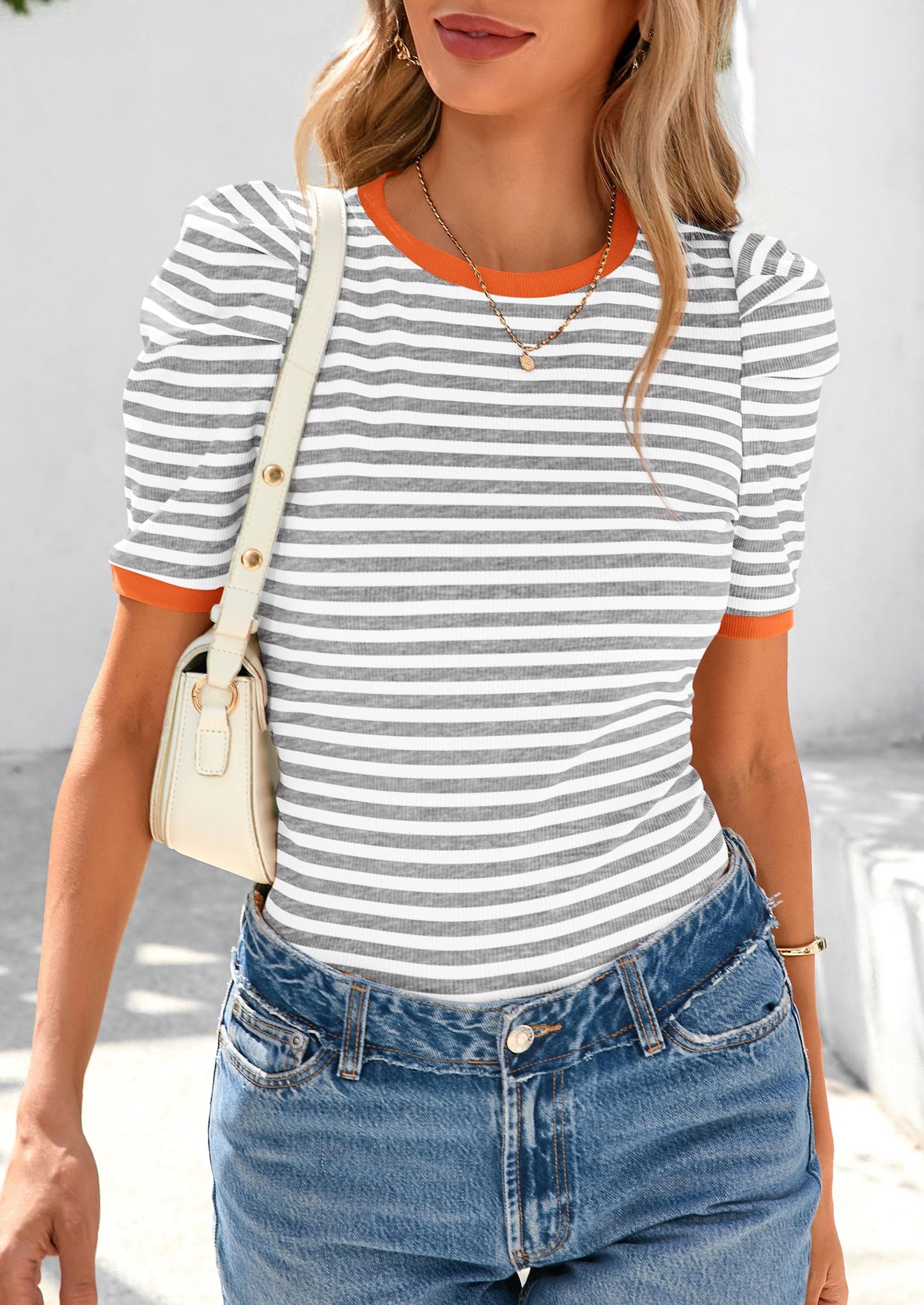 Women's Summer Puff Sleeve Tops Casual Ribbed Knit Color Block T Shirts Trendy Striped Pullover Tops