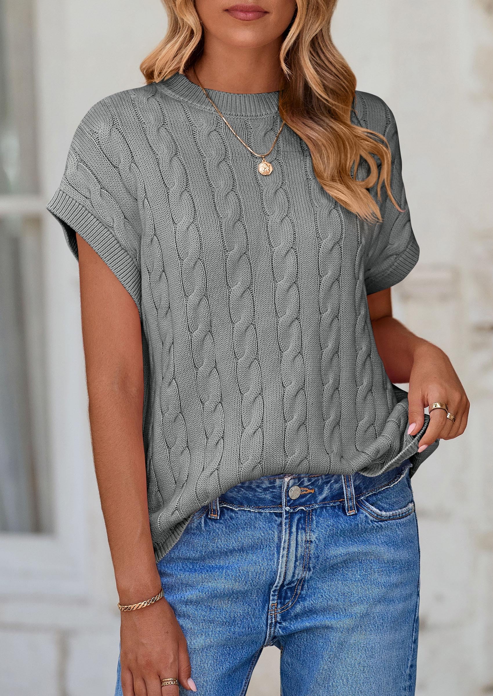PRETTYGARDEN Women's Sweater Vest Summer Short Sleeve Tops Casual Crewneck Knit Oversized Pullover Trendy Spring Outfits