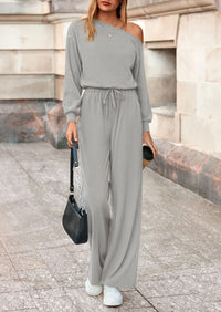 PRETTYGARDEN Long Sleeve Jumpsuit For Women Dressy Off Shoulder One Piece Loose Wide Leg Jumpsuits Casual Flowy Romper
