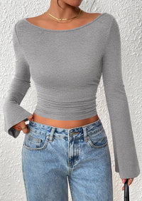 PRETTYGARDEN Women's Long Sleeve Shirts Fall Going Out Tops Casual Boat Neck Bell Sleeve Ribbed Ruched Y2K Clothes