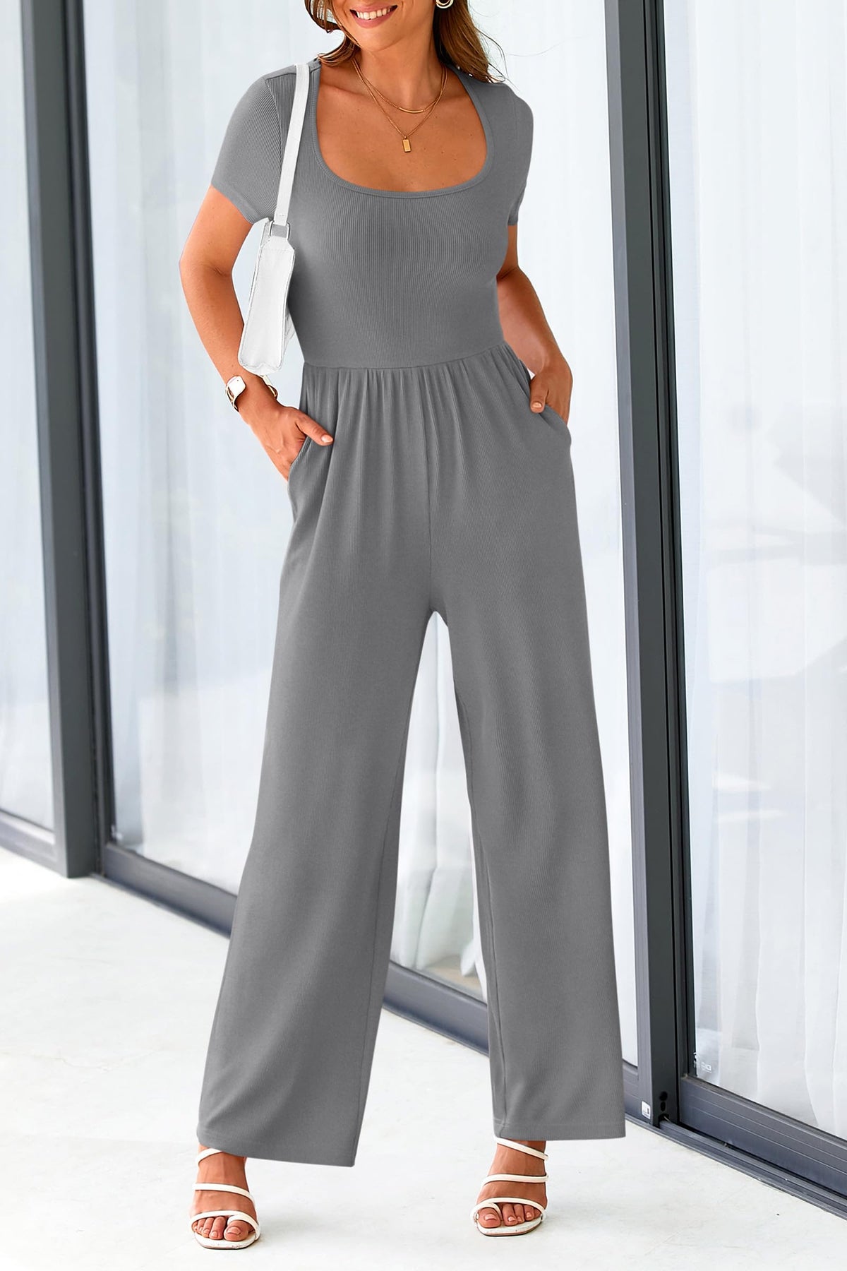 Summer One Piece Jumpsuits Dressy Casual Short Sleeve Square Neck Wide Leg Jumpsuit Rompers