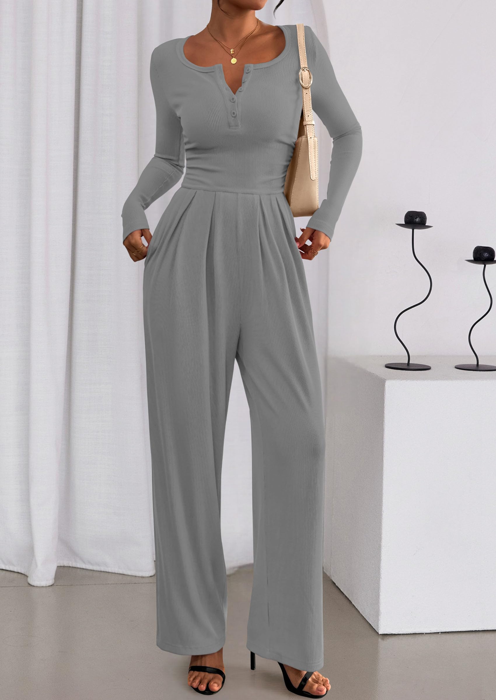 PRETTYGARDEN Jumpsuits for Women Dressy Casual Fall One Piece Outfits Long Sleeve Crew Neck Wide Leg Pants Rompers