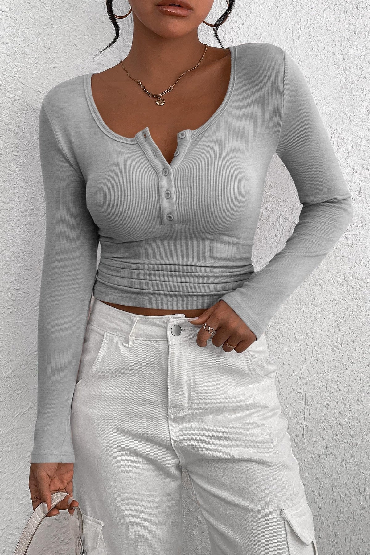 Long Sleeve Henley T Shirts Button Down Ribbed Knit Slim Fit Casual Basic Tops Blouse