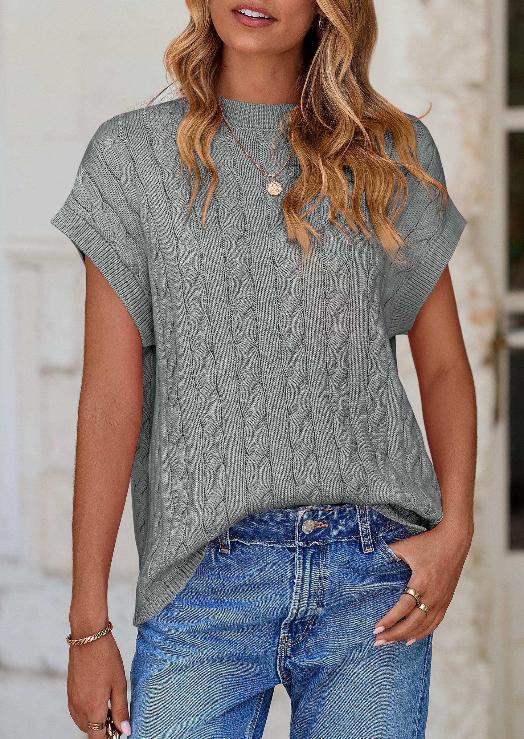 PRETTYGARDEN Women's Sweater Vest Summer Short Sleeve Tops Casual Crewneck Knit Oversized Pullover Trendy Spring Outfits