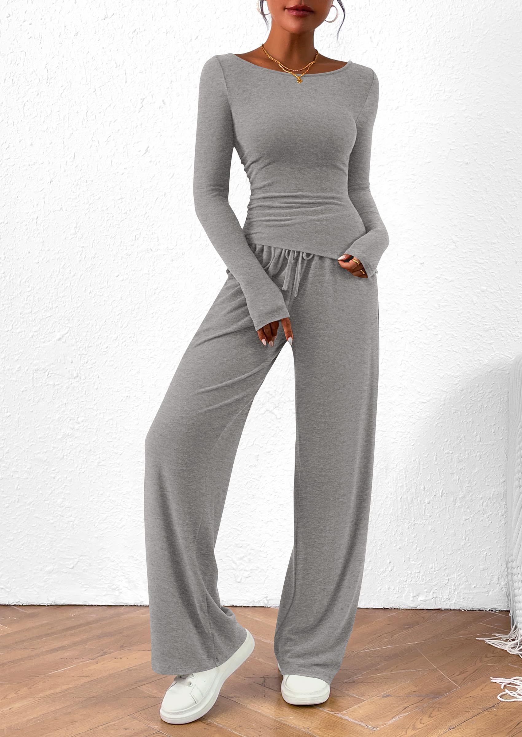 PRETTYGARDEN Women's 2 Piece Lounge Sets Asymmetrical Long Sleeve T Shirt Wide Leg Pants Casual Outfits Tracksuit
