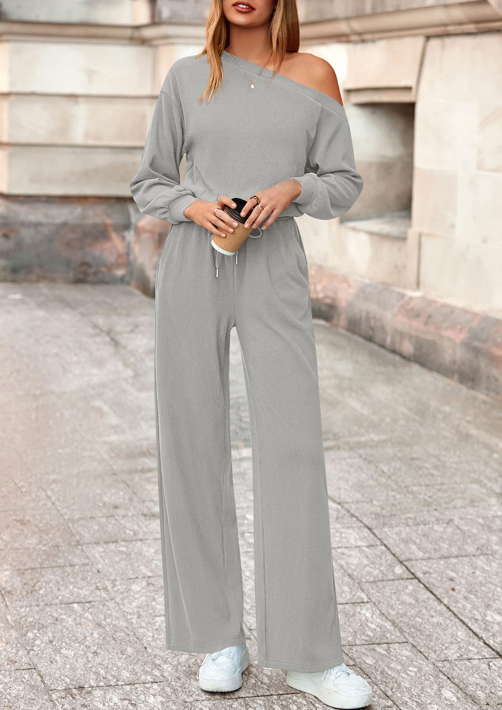 PRETTYGARDEN Long Sleeve Jumpsuit For Women Dressy Off Shoulder One Piece Loose Wide Leg Jumpsuits Casual Flowy Romper
