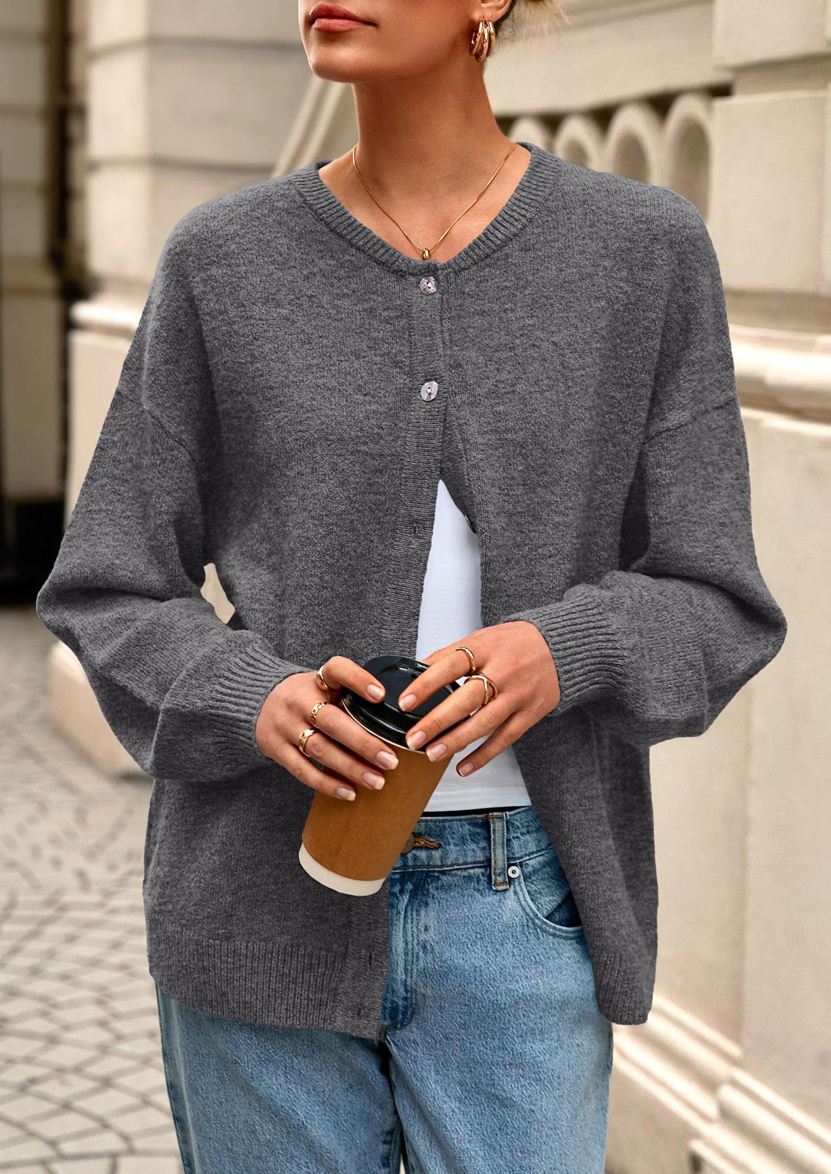 PRETTYGARDEN Fall Long Sleeve Cardigans for Women Trendy Open Front Winter Button Down Crewneck Soft Knit Sweater Jacket