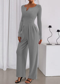 PRETTYGARDEN Jumpsuits for Women Dressy Casual Fall One Piece Outfits Long Sleeve Crew Neck Wide Leg Pants Rompers