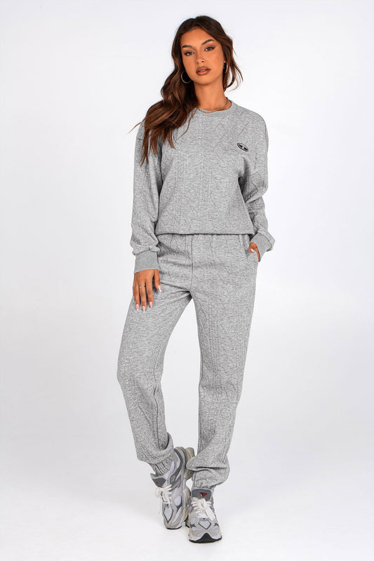 Knit 2 Piece Outfit Long Sleeve Crewneck Sweatshirt High Waist Sweatpant Tracksuit Textured Sets