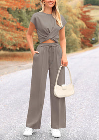 Summer Two Piece Outfits Tracksuit Twist Front Crop Tops T Shirts Wide Leg Pants Matching Lounge Sets