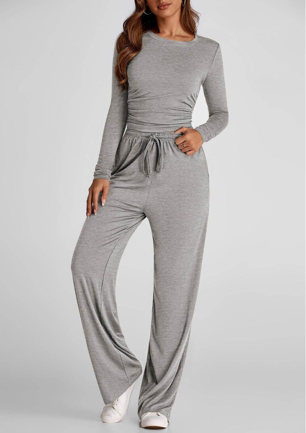 Fall Two Piece Outfits Track Suits Long Sleeve Crop Tops Tee Shirts Wide Leg Pants Matching Lounge Sets