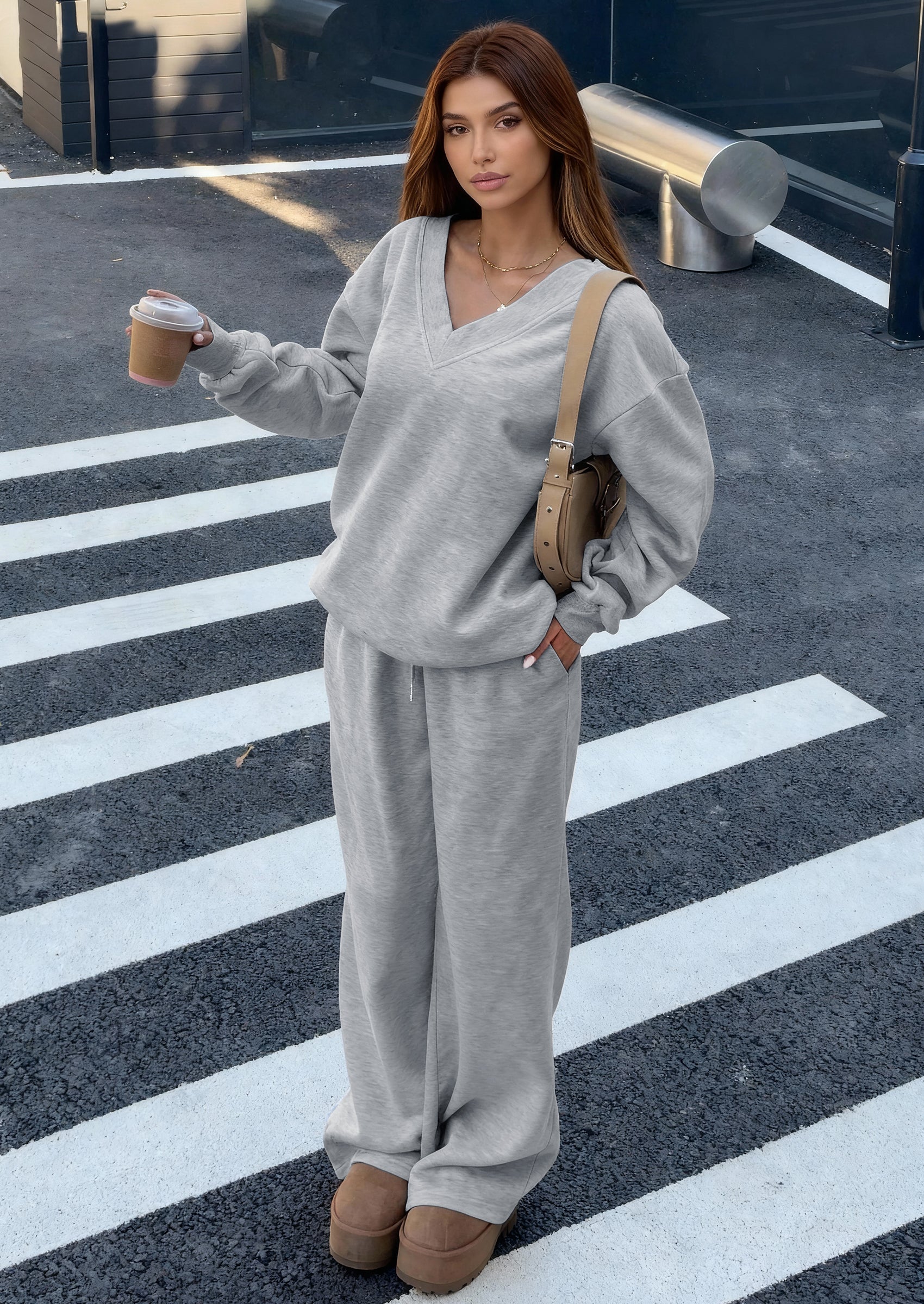 PRETTYGARDEN Casual Winter Two Piece Sets for Women V Neck Sweatshirt Loose Wide Leg Pants Tracksuit Knit Fall Outfits PRETTYGARDEN