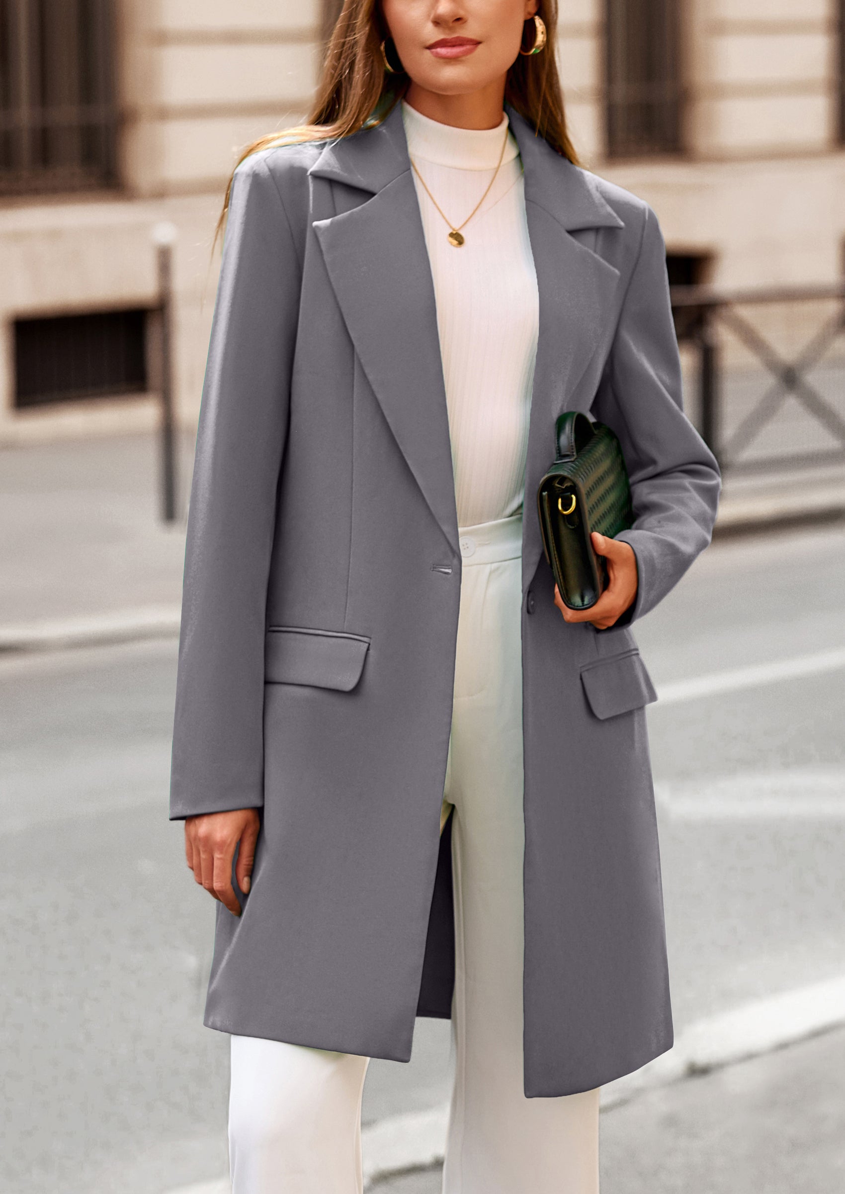 PRETTYGARDEN Women's Spring Fall Long Blazer Jackets Long Sleeve Lapel Pockets Loose Fit Work Casual Blazers Outerwear