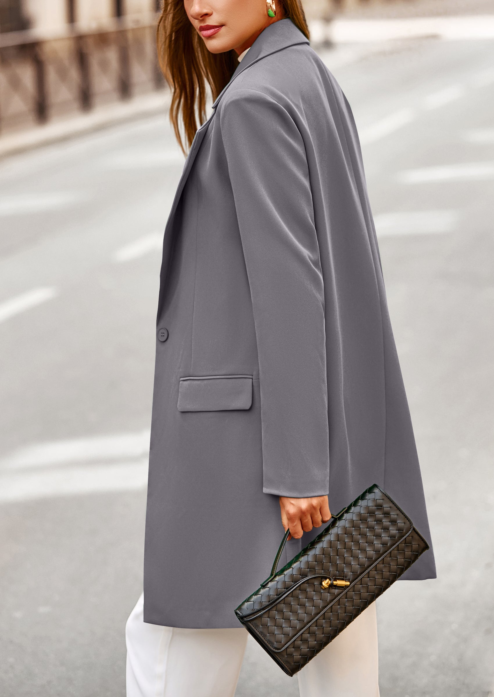 PRETTYGARDEN Women's Spring Fall Long Blazer Jackets Long Sleeve Lapel Pockets Loose Fit Work Casual Blazers Outerwear