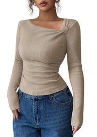 PRETTYGARDEN Womens 2026 Early Fall Fashion Long Sleeve T Shirts Asymmetrical Ribbed Fitted Trendy Going Out Tops Y2K Outfits
