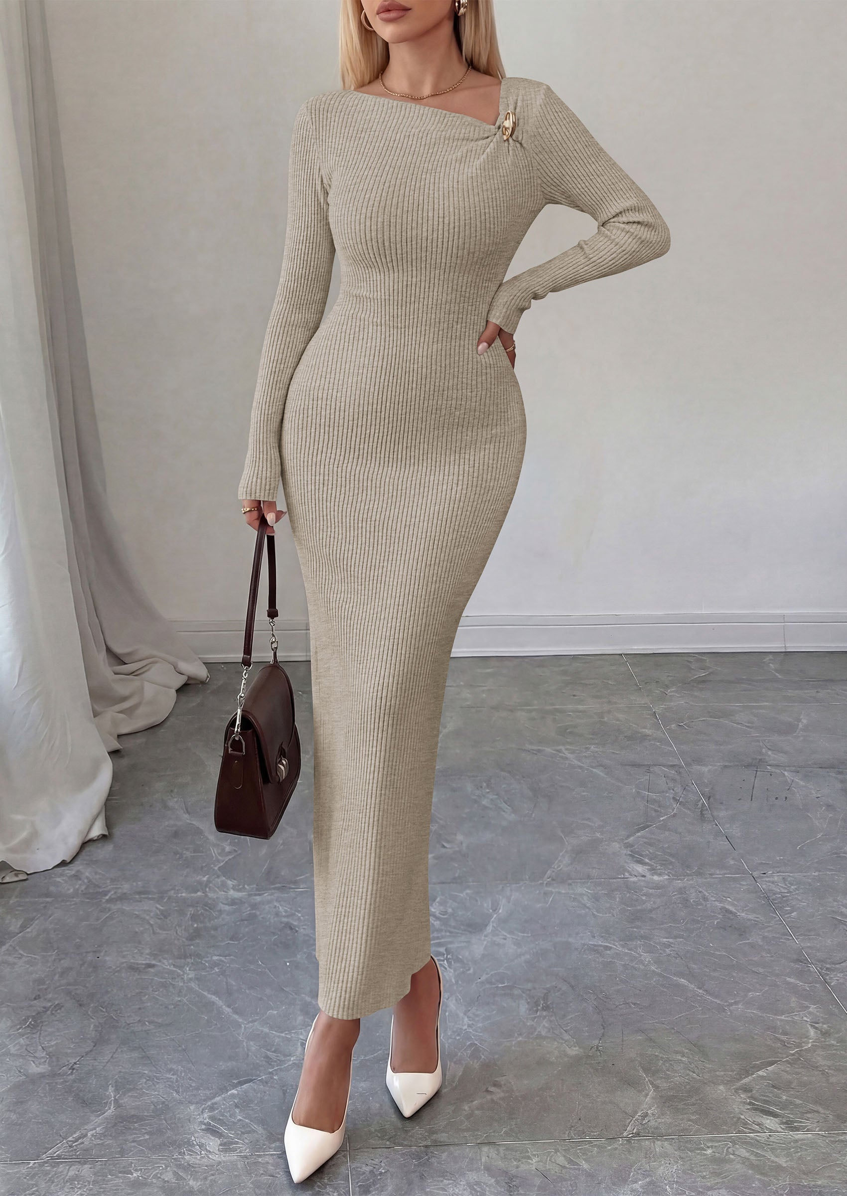 PRETTYGARDEN Womens Fall Long Sleeve Ribbed Sweater Dress | Breathable Knit Fabric, Elegant Bodycon Cut, Fashion Asymmetrical Neck, Night Out Party Dresses, 2026 Trendy Winter Clothes  Price, product page
