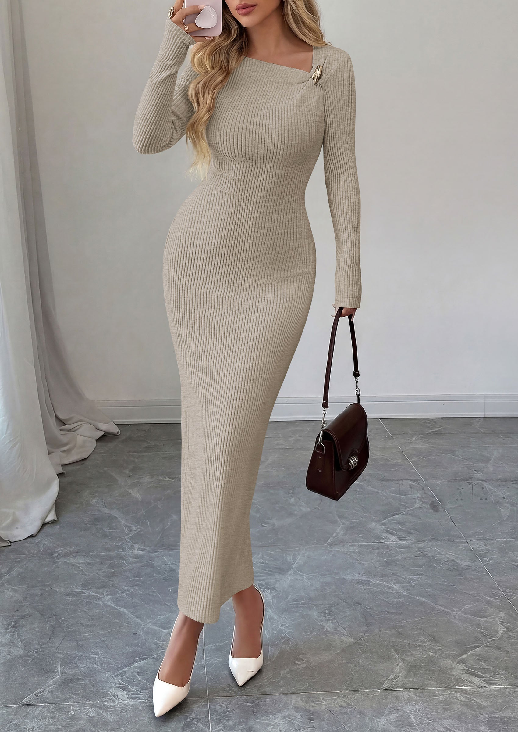 PRETTYGARDEN Womens Fall Long Sleeve Ribbed Sweater Dress | Breathable Knit Fabric, Elegant Bodycon Cut, Fashion Asymmetrical Neck, Night Out Party Dresses, 2026 Trendy Winter Clothes  Price, product page