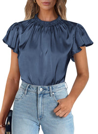 Summer Satin Blouse Shirt Dressy Casual Ruffle Short Sleeve Crewneck Work Party Tops