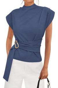 PRETTYGARDEN Women Blouses Spring Dressy Cap Sleeve Mock Neck Work Shirts Buckle Tunic Summer Business Casual Tops PRETTYGARDEN