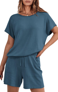 PRETTYGARDEN Two Piece Set for Women Summer Lounge Sets Shorts And Short Sleeve Tops Knitted Matching Travel Spring Outfits PRETTYGARDEN