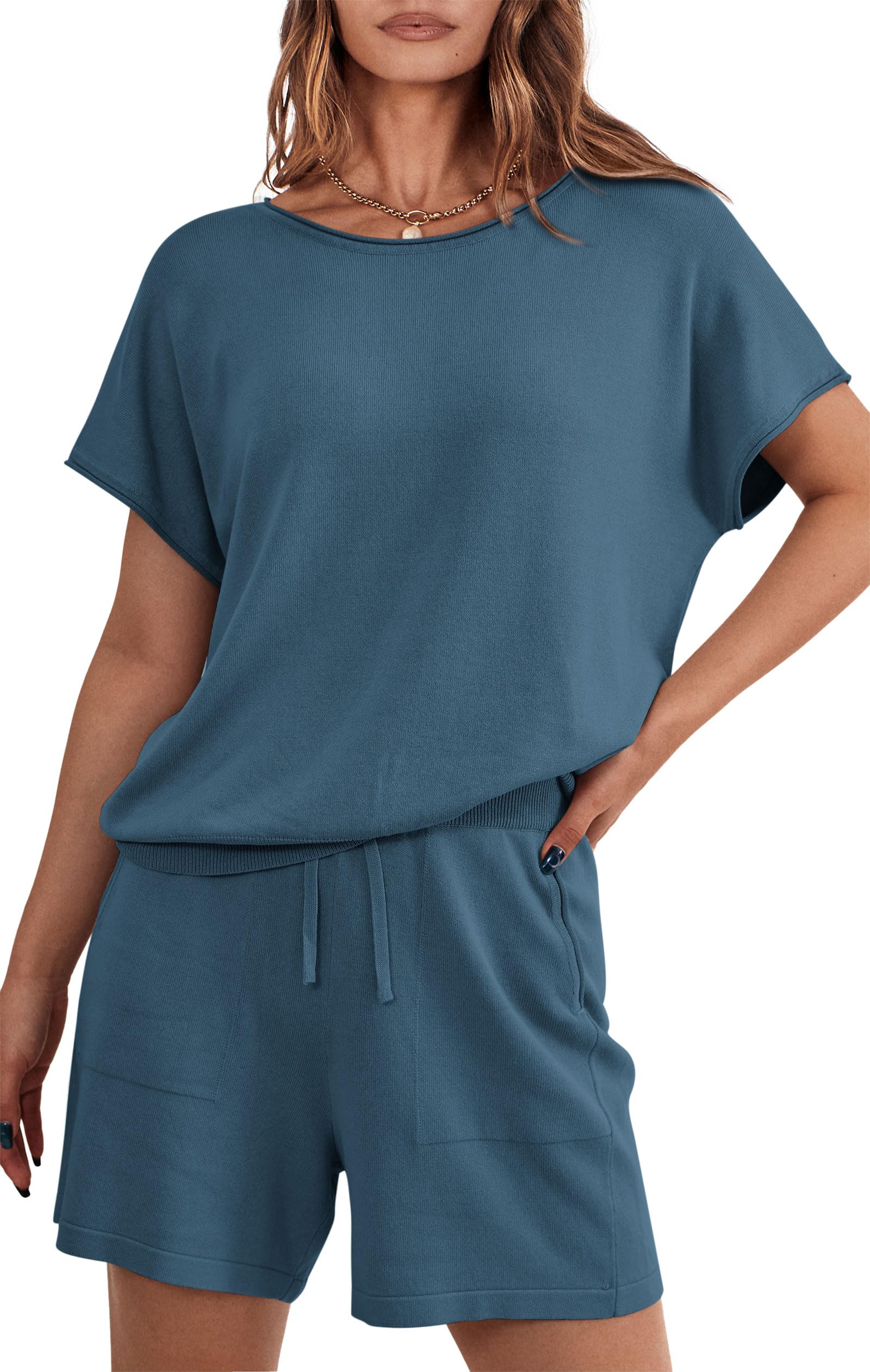 PRETTYGARDEN Two Piece Set for Women Summer Lounge Sets Shorts And Short Sleeve Tops Knitted Matching Travel Spring Outfits PRETTYGARDEN