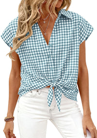 PRETTYGARDEN Womens Button Dwon Shirts V Neck Short Cap Sleeve Collared Plaid Tops Summer Spring Casual Blouses Clothes PRETTYGARDEN
