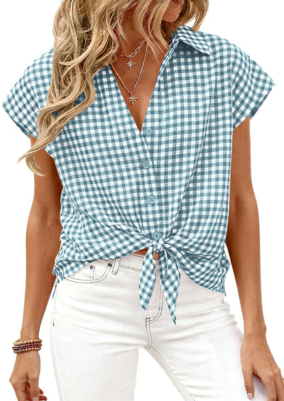PRETTYGARDEN Womens Button Dwon Shirts V Neck Short Cap Sleeve Collared Plaid Tops Summer Spring Casual Blouses Clothes PRETTYGARDEN